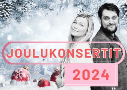 Women and man standing. Christmas winter background